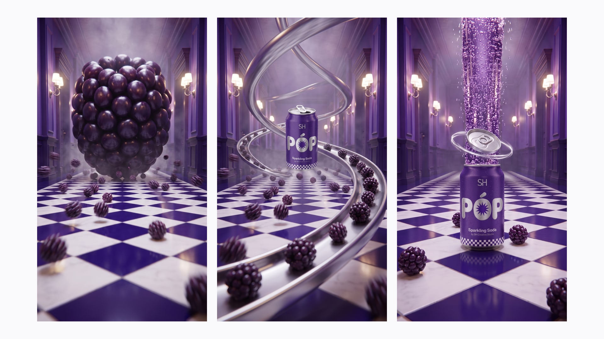 Three frames of the monochrome purple world